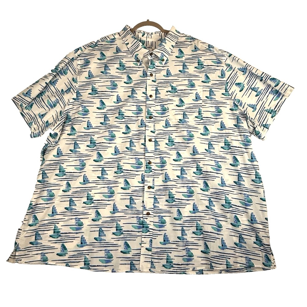 Harbor Bay Button Down Shirt Mens 4XL White/Blue Sailboats Short Sleeve